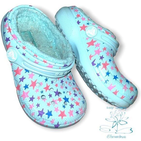Crocs Teal Star Faux Fur Lined Clog Sandals Youth Size 9 - Picture 7 of 9